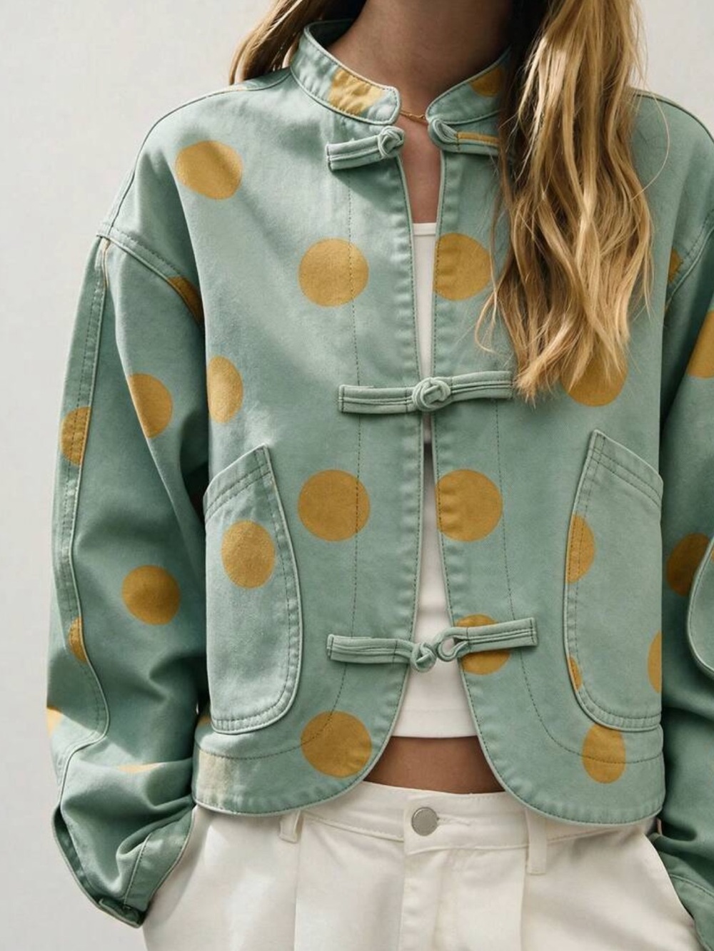 Polka Dot Denim Jacket With Frog Buttons, Business Casual
